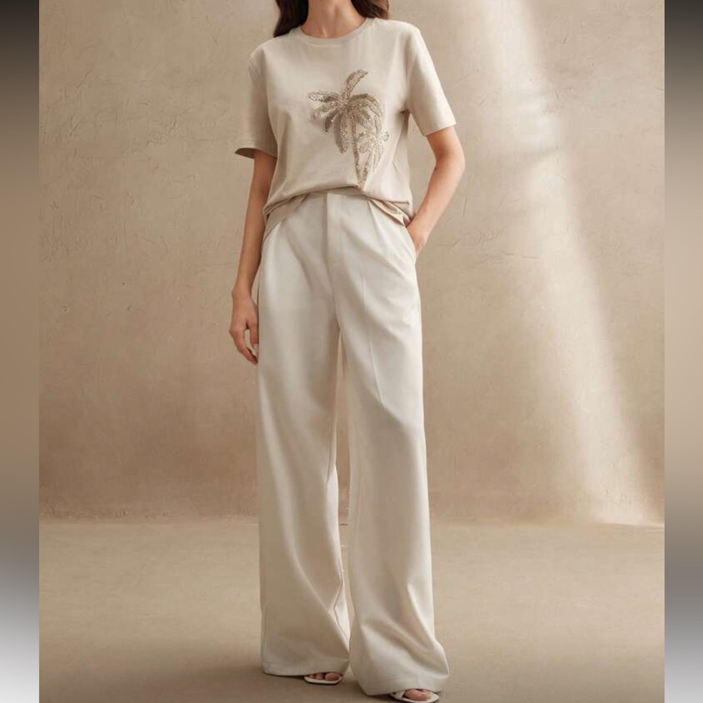 Beige Palm tree Embellished Women's Top - Picture 6 of 6